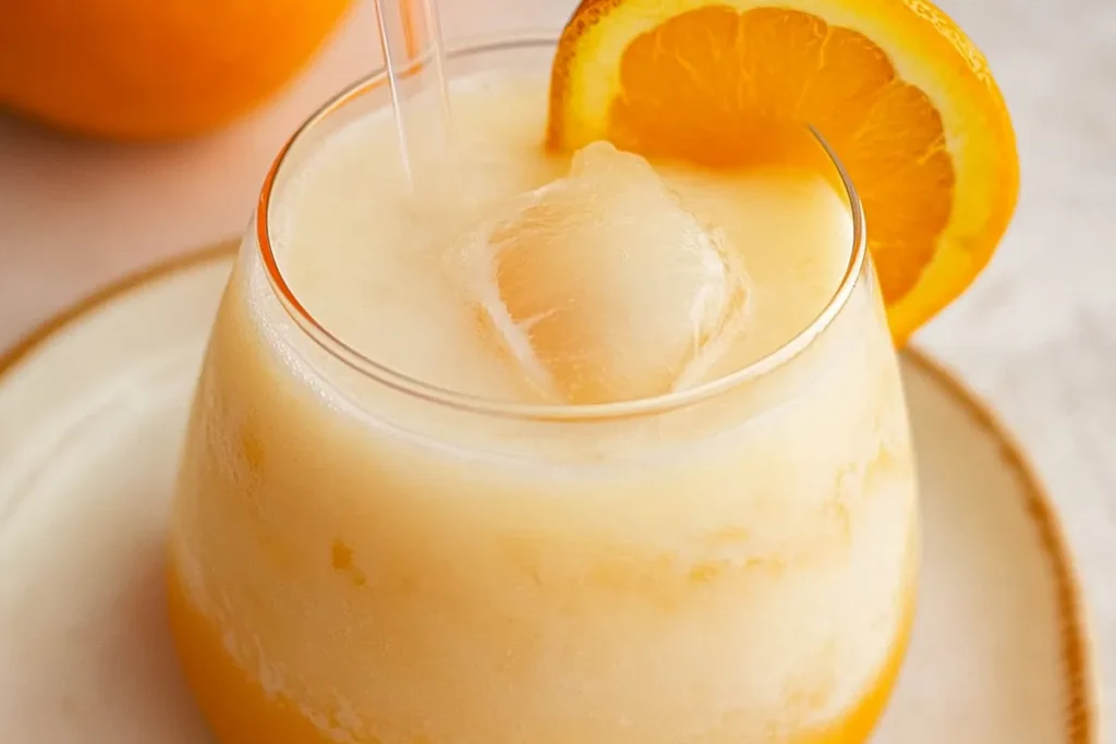 Refreshing morir sonando in a glass, garnished with orange slice.